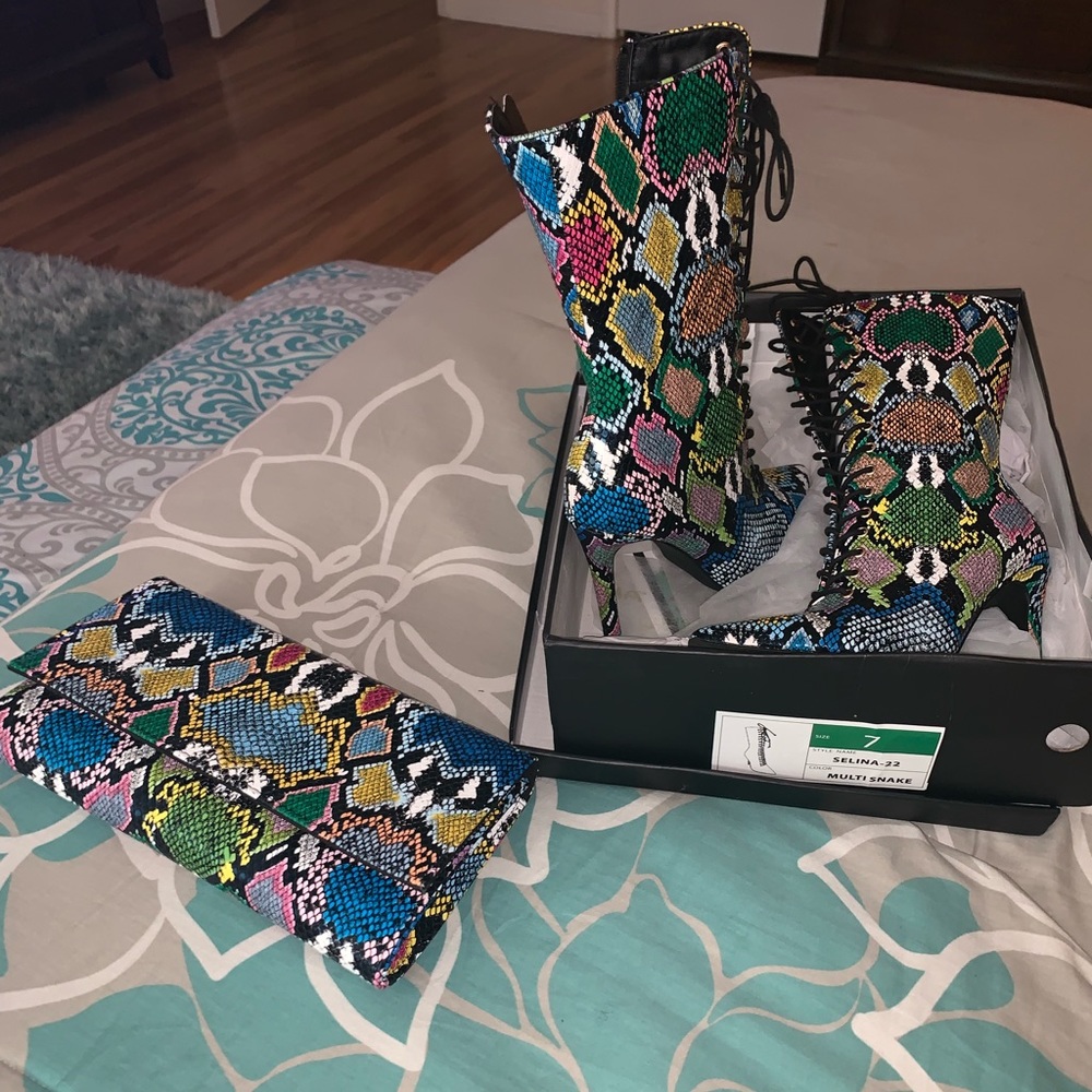 Multiple color snakeskin heels and clutch